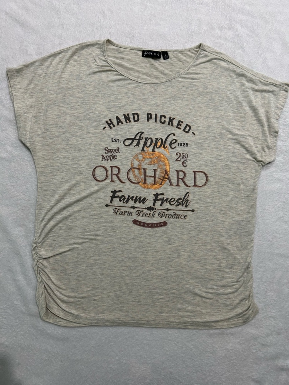 Joei & I Women’s Sz Large Heather Gray Fall Orchard Farm Fresh Rouched Shirt